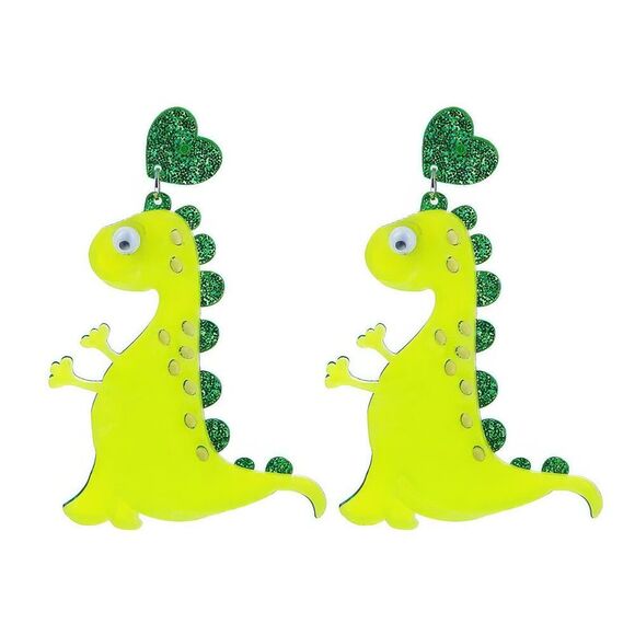 Bright Green Dinosaur Earrings with Googly Eyes - Picture 1 of 8